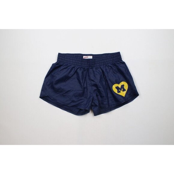 Vintage 90s Womens Small Heart University of Michigan Shorts Baggies Blue Nylon - Picture 1 of 10